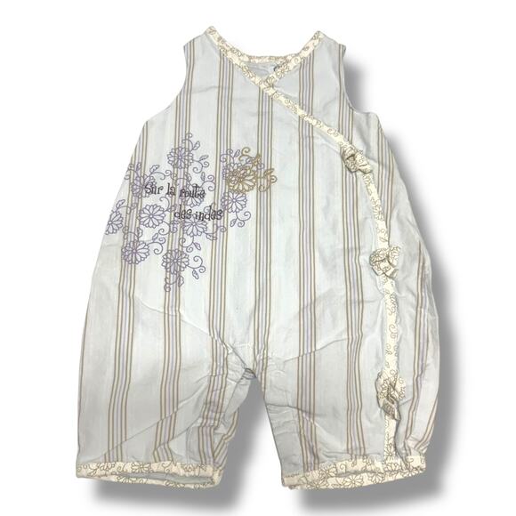 Colin & Colline 3 mo 60 cm Blue Tan White Striped Romper French Girls Snaps - Picture 1 of 5